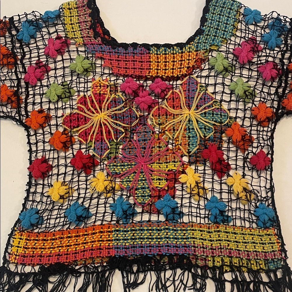 Multicolored crochet top floral open-knit design. Size small. Pre owned. Boho